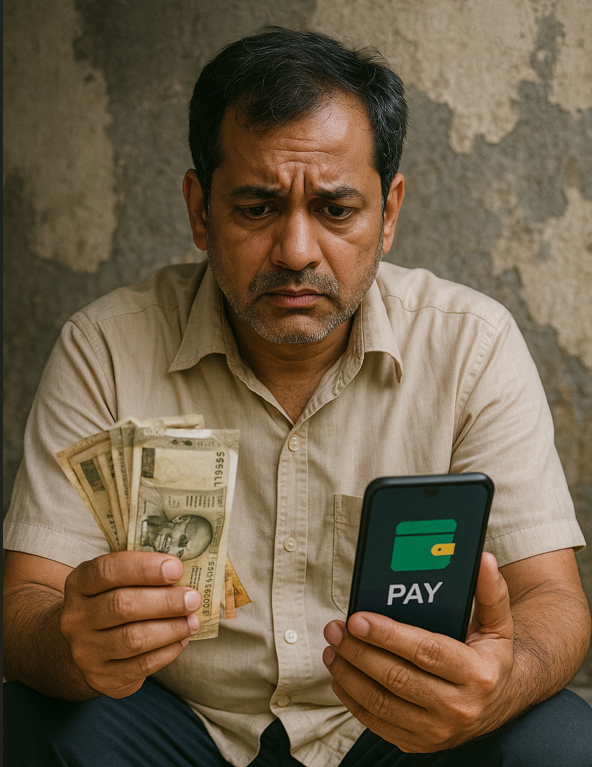 A man who is deciding to pay by cash or by digital pay